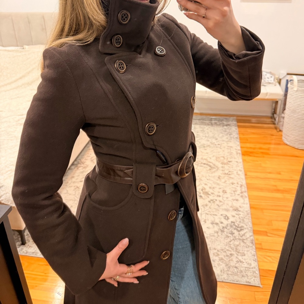 Mackage Dark Brown wool Coat with leather belt